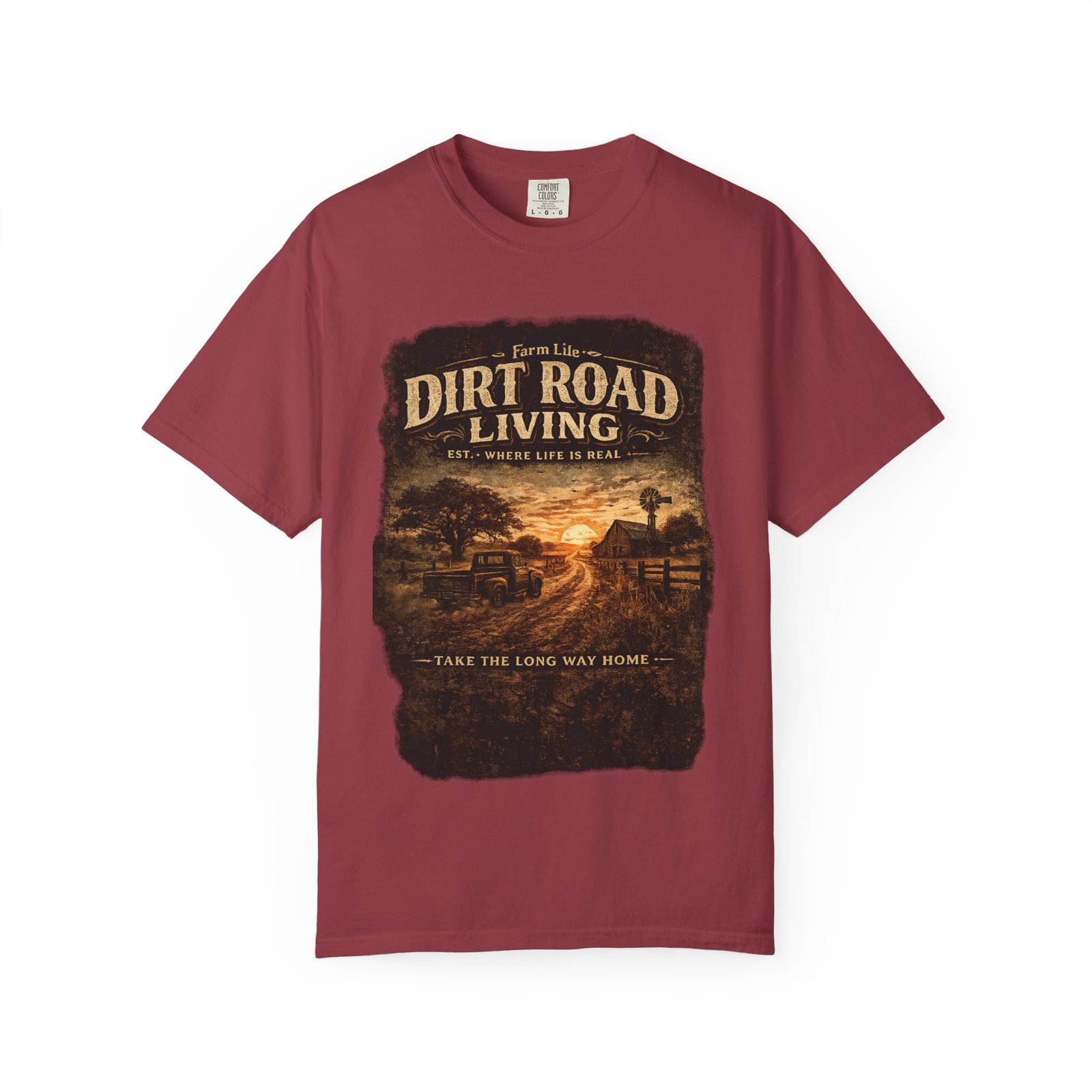 Dirt Road Living T-shirt | Country Sunset Farm Scene, Vintage Rustic Style