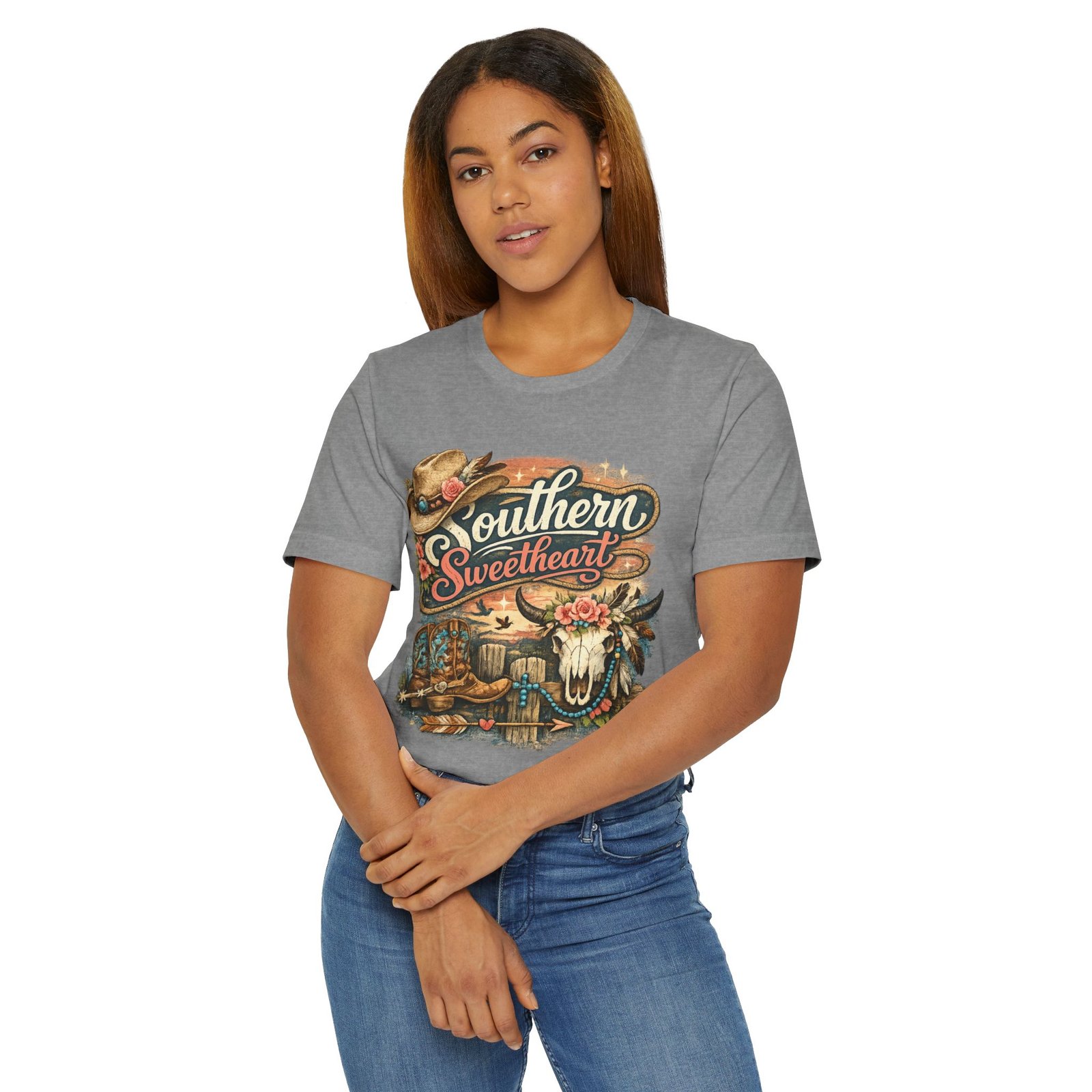 Southern Sweetheart T-Shirt | Western Cowgirl Skull, Cowboy Hat & Floral Graphic
