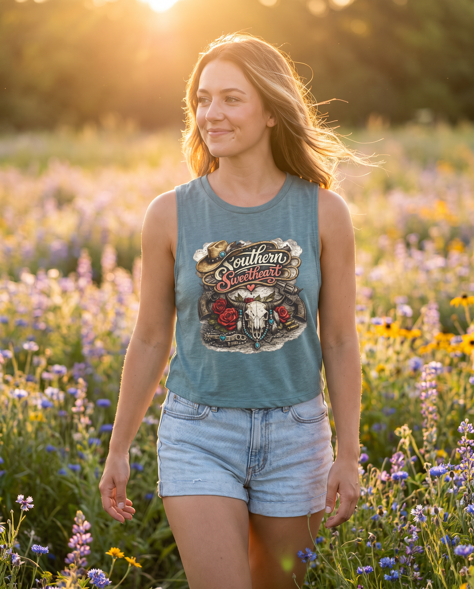 Southern Sweetheart Skull and Roses Crop Top | Cowgirl Western Tank