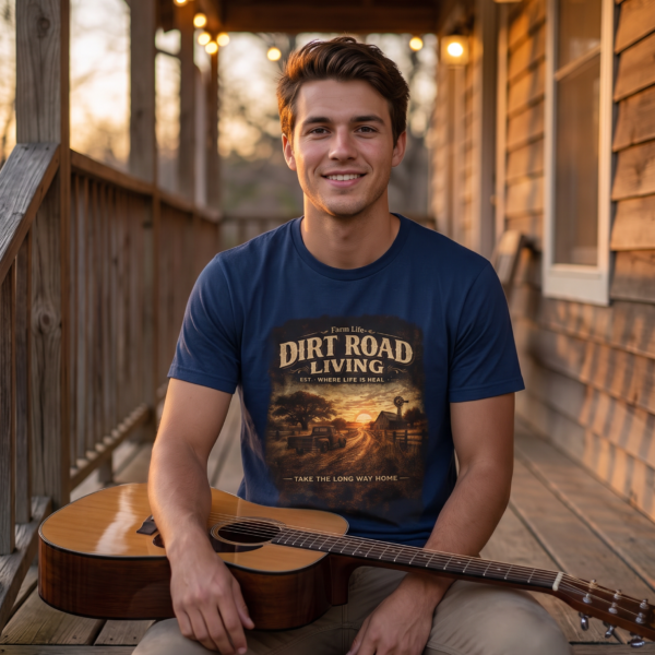 Dirt Road Living T-shirt | Country Sunset Farm Scene, Vintage Rustic Style