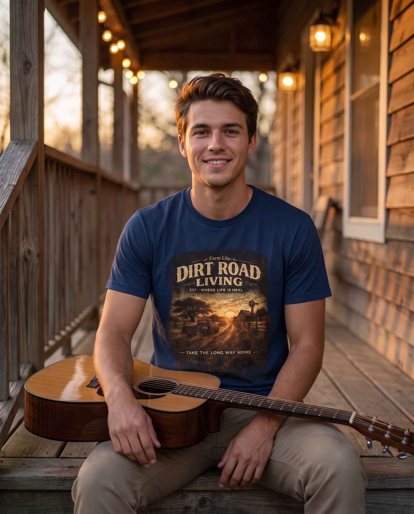 Dirt Road Living T-shirt | Country Sunset Farm Scene, Vintage Rustic Style