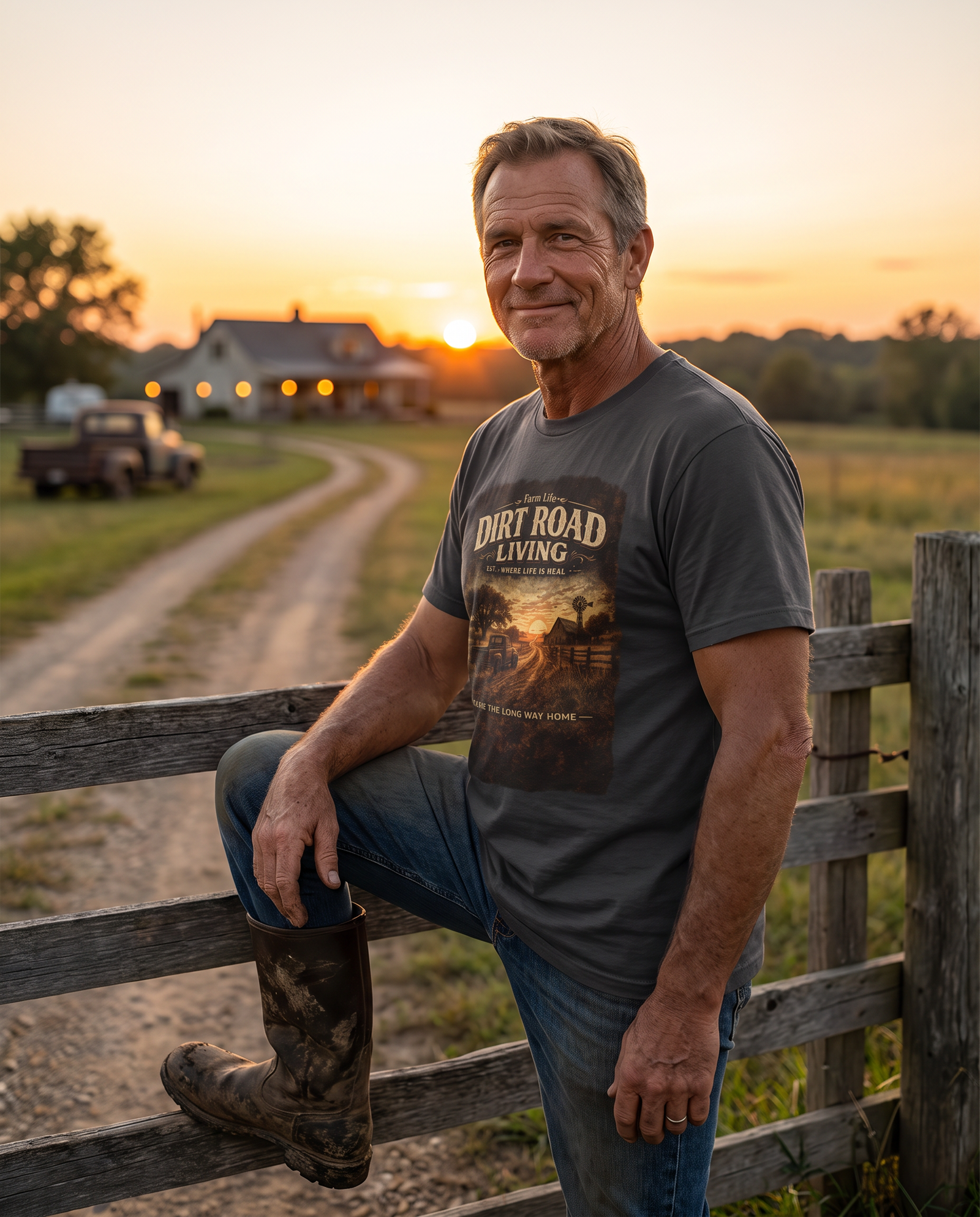 Dirt Road Living tee on a garment-dyed heavyweight